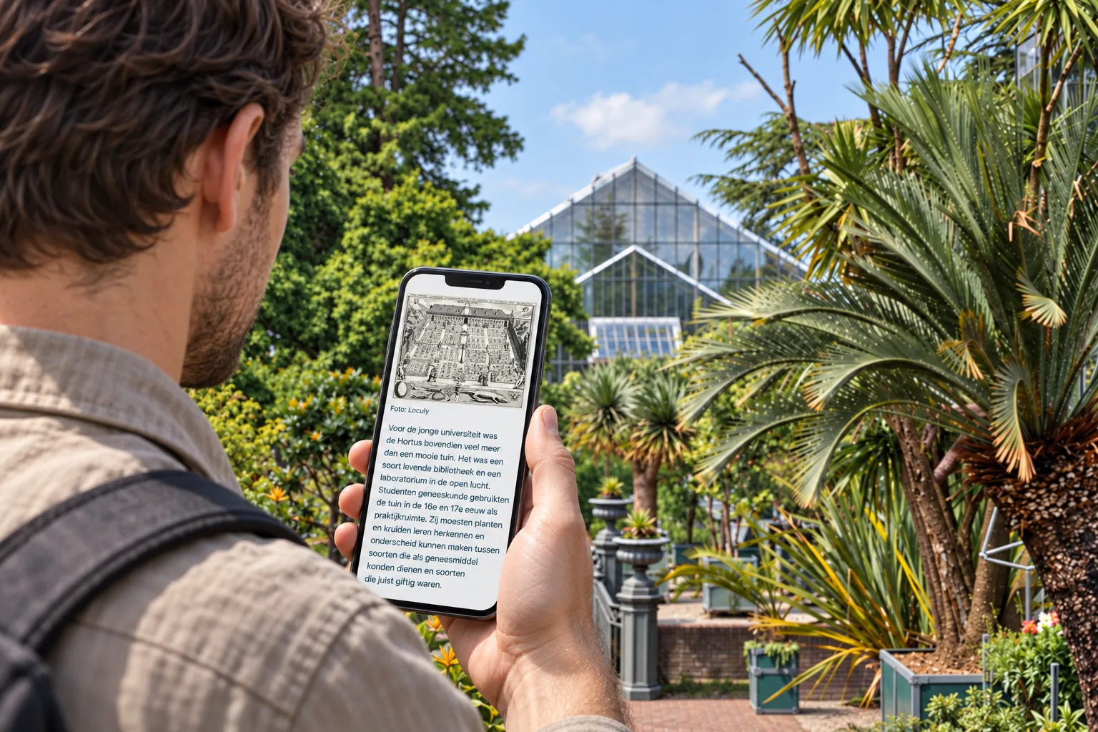 Bezoeker leest het verhaal van de Hortus op zijn telefoon, met de kas en palmen op de achtergrond
